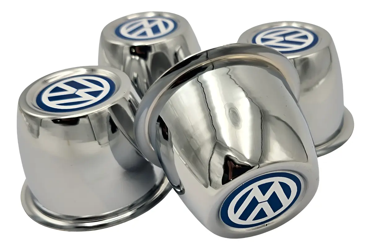 KIT 04 COPAS CROMADAS CON LOGO AZUL PARA RIN DE VW SEDAN VOCHO