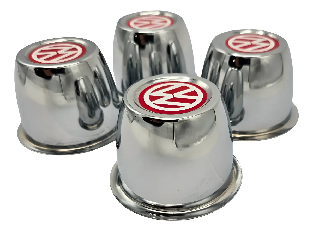 KIT 04 COPAS CROMADAS CON LOGO ROJO PARA RIN DE VW SEDAN VOCHO